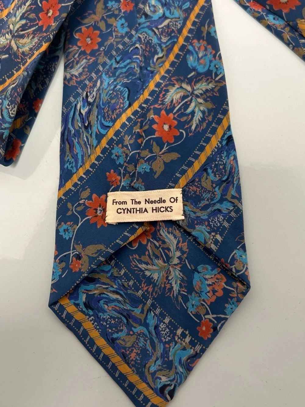 Navy Blue Floral & Stripe Men's Tie with Orange Accents